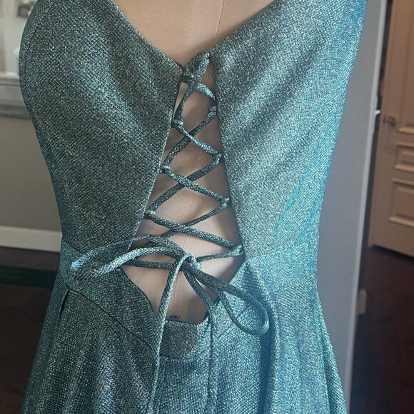 Juliet Formal Gown Size XXL Prom HOCO Dress Teal Sparkle Lace Up Sides High Neck - Picture 12 of 17